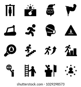 Solid vector icon set - metal detector gate vector, terrorism, santa claus, power hand, treadmill, run, medical mask, pedestrian road sign, head hunter, career, world, opportunity, speaker, star man