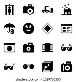 Solid vector icon set - metal detector gate vector, camera, fork loader, house, insurance, dollar smile, main road sign, website, browser globe, doors, sunglasses, photo