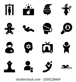 Solid vector icon set - metal detector gate vector, terrorism, santa claus, cake man, abdominal muscles, medical mask, head hunter, manager, brain work, tv news, success, winner, flying, swimming