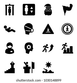 Solid vector icon set - metal detector gate vector, elevator, santa claus, power hand, abdominal muscles, medical mask, pedestrian road sign, no, manager, brain work, career, success, speaker