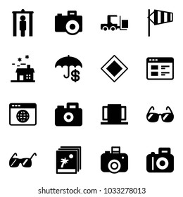 Solid vector icon set - metal detector gate vector, camera, fork loader, side wind, house, insurance, main road sign, website, browser globe, doors, sunglasses, photo