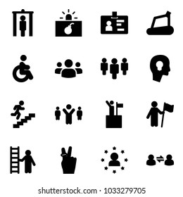 Solid vector icon set - metal detector gate vector, terrorism, identity, treadmill, disabled, group, head bulb, career, team leader, win, opportunity, victory, star man, information exchange