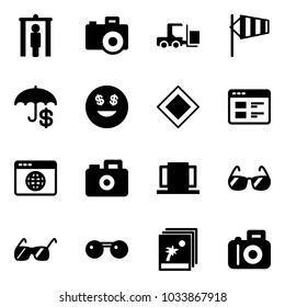 Solid vector icon set - metal detector gate vector, camera, fork loader, side wind, dollar smile, main road sign, website, browser globe, doors, sunglasses, photo