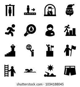 Solid vector icon set - metal detector gate vector, travolator, officer window, santa claus, run, head hunter, manager, career, success, world, win, opportunity, swimming, reading, swimsuit