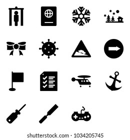 Solid vector icon set - metal detector gate vector, passport, snowflake, christmas landscape, bow, virus, steep descent road sign, only right, flag, list, helicopter, anchor, screwdriver, rasp