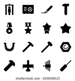 Solid vector icon set - metal detector gate vector, safe, scalpel, work, star medal, luck, hammer, sledgehammer, nut, screw, milling cutter, allen key set, awl