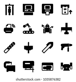 Solid vector icon set - metal detector gate vector, atm, printer wireless, conveyor, robot, milling cutter, drill, crown, tile, machine, tool, jig saw, generator, sharpening