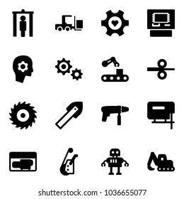 Solid vector icon set - metal detector gate vector, fork loader, heart gear, atm, brain work, conveyor, steel rolling, saw disk, tile drill, machine, jig, generator, winch, robot, excavator toy