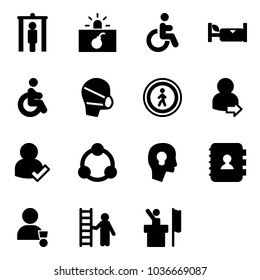 Solid vector icon set - metal detector gate vector, terrorism, disabled, hotel, medical mask, no pedestrian road sign, user login, check, community, head bulb, contact book, winner, opportunity