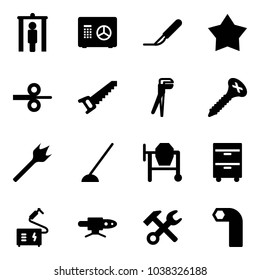 Solid vector icon set - metal detector gate vector, safe, scalpel, star medal, steel rolling, saw, plumber, screw, wood drill, hoe, cocncrete mixer, tool cabinet, welding, pipe, wrench hammer