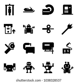 Solid vector icon set - metal detector gate vector, snowmobile, mri, atm, robot, steel rolling, wood drill, Angular grinder, machine tool, jig saw, welding, sharpening