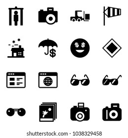 Solid vector icon set - metal detector gate vector, camera, fork loader, side wind, house, insurance, dollar smile, main road sign, website, browser globe, sunglasses, photo