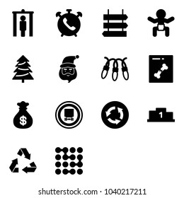 Solid vector icon set - metal detector gate vector, phone alarm, sign post, baby, christmas tree, santa claus, garland, x ray, money bag, no dangerous cargo road, circle, pedestal, recycling