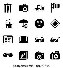 Solid vector icon set - metal detector gate vector, camera, fork loader, side wind, house, dollar smile, main road sign, website, doors, sunglasses, photo