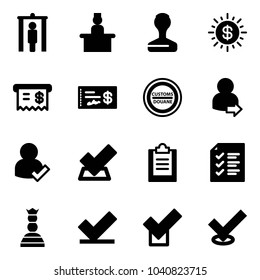 Solid vector icon set - metal detector gate vector, recieptionist, stamp, dollar sun, receipt, check, customs road sign, user login, clipboard, list, chess queen