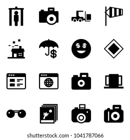 Solid vector icon set - metal detector gate vector, camera, fork loader, side wind, house, insurance, dollar smile, main road sign, website, browser globe, doors, sunglasses, photo