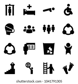 Solid vector icon set - metal detector gate vector, hospital bed, push ups, disabled, medical mask, group, social, community, presentation, garbage, success, world, opportunity, feet