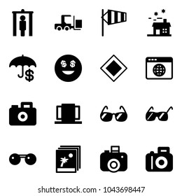 Solid vector icon set - metal detector gate vector, fork loader, side wind, house, insurance, dollar smile, main road sign, browser globe, camera, doors, sunglasses, photo