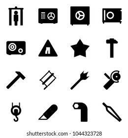 Solid vector icon set - metal detector gate vector, safe, Road narrows sign, star medal, hammer, bucksaw, wood drill, Angular grinder, winch, work knife, allen key, forceps