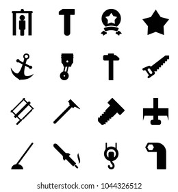 Solid vector icon set - metal detector gate vector, work, star medal, anchor, piston, hammer, saw, bucksaw, mason, bolt, milling cutter, hoe, soldering iron, winch, allen key