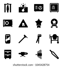 Solid vector icon set - metal detector gate vector, terrorism, safe, Road narrows sign, star medal, drink, mason hammer, plumber, cocncrete mixer, tool cabinet, pipe welding, allen key set, forceps