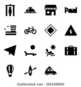 Solid vector icon set - metal detector gate vector, client bell, duty free, hotel, airport building, bike, main road sign, intersection, paper fly, lounger, beach, suitcase, air balloon, kayak