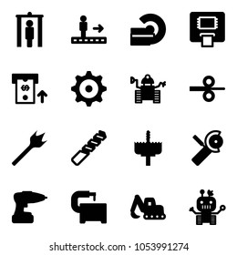 Solid vector icon set - metal detector gate vector, travolator, mri, atm, gear, robot, steel rolling, wood drill, crown, Angular grinder, machine tool, excavator toy