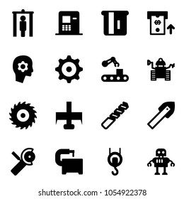 Solid vector icon set - metal detector gate vector, atm, brain work, gear, conveyor, robot, saw disk, milling cutter, drill, tile, Angular grinder, machine tool, winch