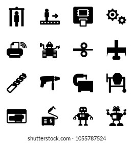 Solid vector icon set - metal detector gate vector, travolator, atm, gear, printer wireless, robot, steel rolling, milling cutter, drill, machine, tool, concrete mixer, generator, welding
