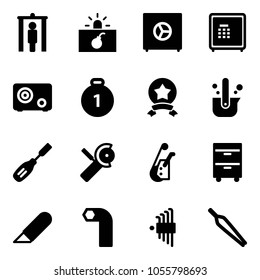Solid vector icon set - metal detector gate vector, terrorism, safe, gold medal, star, casting of steel, chisel, Angular grinder, winch, tool cabinet, work knife, allen key, set, forceps