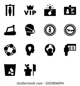 Solid vector icon set - metal detector gate vector, vip, terrorism, identity, treadmill, medical mask, no pedestrian road sign, cart horse, friends, head bulb, man globe, presentation, garbage