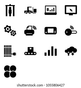 Solid vector icon set - metal detector gate vector, fork loader, account statistics, monitor cursor, gears, printer wireless, game console, key, sun panel, conveyor, chart, cloud exchange data