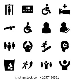 Solid Vector Icon Set - Metal Detector Gate Vector, Credit Card, Disabled, Hospital Bed, Push Ups, User, Check, Group, Man Globe, Career, Brain Work, Garbage, Team Leader, Success