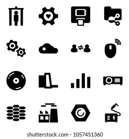 Solid vector icon set - metal detector gate vector, heart gear, atm, shared folder, gears, cloud, information exchange, mouse wireless, cd, water power plant, chart, projector, carbon, nut, welding