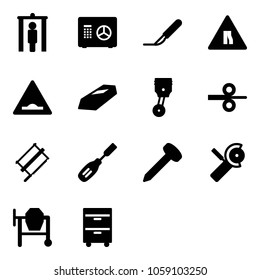 Solid vector icon set - metal detector gate vector, safe, scalpel, Road narrows sign, artificial unevenness, gold, piston, steel rolling, bucksaw, chisel, nail, Angular grinder, cocncrete mixer
