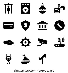 Solid vector icon set - metal detector gate vector, christmas ball, tonometer, credit card, safe, bank, detour road sign, woman hat, gear, surveillance camera, wi fi router, winch, sailboat toy