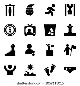 Solid vector icon set - metal detector gate vector, santa claus, run, pull ups, no pedestrian road sign, tv news, garbage, winner, success, win, reading, feet, swimsuit