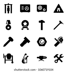 Solid vector icon set - metal detector gate vector, safe, Road narrows sign, star medal, hammer, mason, nail, bolt, nut, Angular grinder, cocncrete mixer, winch, pipe welding, wrench