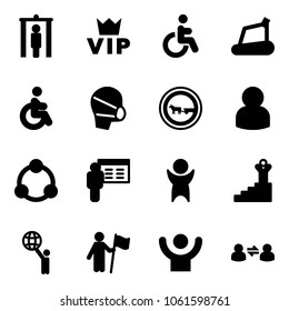 Solid vector icon set - metal detector gate vector, vip, disabled, treadmill, medical mask, no cart horse road sign, user, community, presentation, success, world, win, information exchange