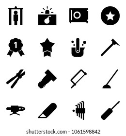 Solid vector icon set - metal detector gate vector, terrorism, safe, star medal, gold, casting of steel, mason hammer, bolt cutter, hacksaw, hoe, pipe welding, work knife, allen key set, awl