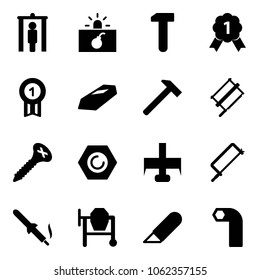 Solid vector icon set - metal detector gate vector, terrorism, work, gold medal, hammer, bucksaw, screw, nut, milling cutter, hacksaw, soldering iron, cocncrete mixer, knife, allen key