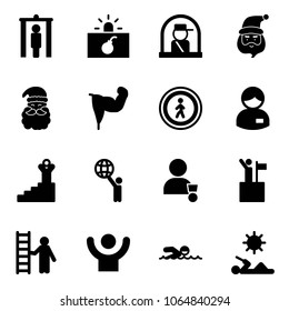 Solid vector icon set - metal detector gate vector, terrorism, officer window, santa claus, power hand, no pedestrian road sign, manager, success, world, winner, win, opportunity, swimming, reading