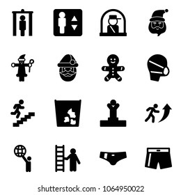 Solid vector icon set - metal detector gate vector, elevator, officer window, santa claus, cake man, medical mask, career, garbage, winner, world, opportunity, swimsuit