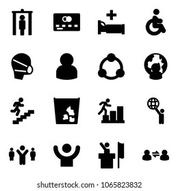 Solid Vector Icon Set - Metal Detector Gate Vector, Credit Card, Hospital Bed, Disabled, Medical Mask, User, Community, Man Globe, Career, Garbage, World, Team Leader, Success, Speaker