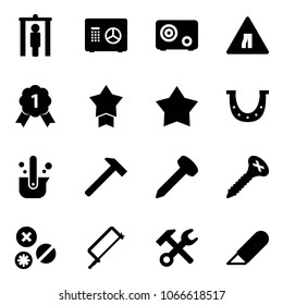 Solid vector icon set - metal detector gate vector, safe, Road narrows sign, gold medal, star, luck, casting of steel, hammer, nail, screw, rivet, hacksaw, wrench, work knife