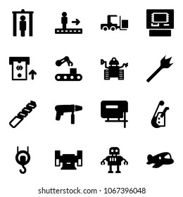 Solid Vector Icon Set - Metal Detector Gate Vector, Travolator, Fork Loader, Atm, Conveyor, Robot, Wood Drill, Machine, Jig Saw, Winch, Sharpening, Plane Toy