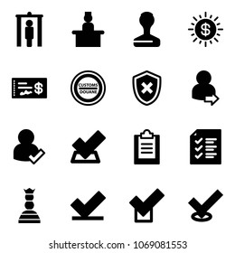 Solid vector icon set - metal detector gate vector, recieptionist, stamp, dollar sun, check, customs road sign, shield cross, user login, clipboard, list, chess queen