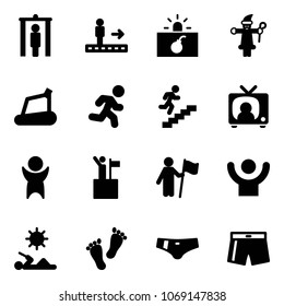 Solid vector icon set - metal detector gate vector, travolator, terrorism, santa claus, treadmill, run, career, tv news, success, win, reading, feet, swimsuit