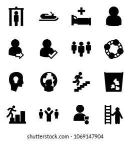 Solid Vector Icon Set - Metal Detector Gate Vector, Snowmobile, Hospital Bed, User, Login, Check, Group, Friends, Head Bulb, Man Globe, Career, Garbage, Team Leader, Winner, Opportunity