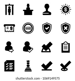 Solid vector icon set - metal detector gate vector, recieptionist, stamp, dollar sun, receipt, customs road sign, shield check, cross, user login, clipboard, list, chess queen